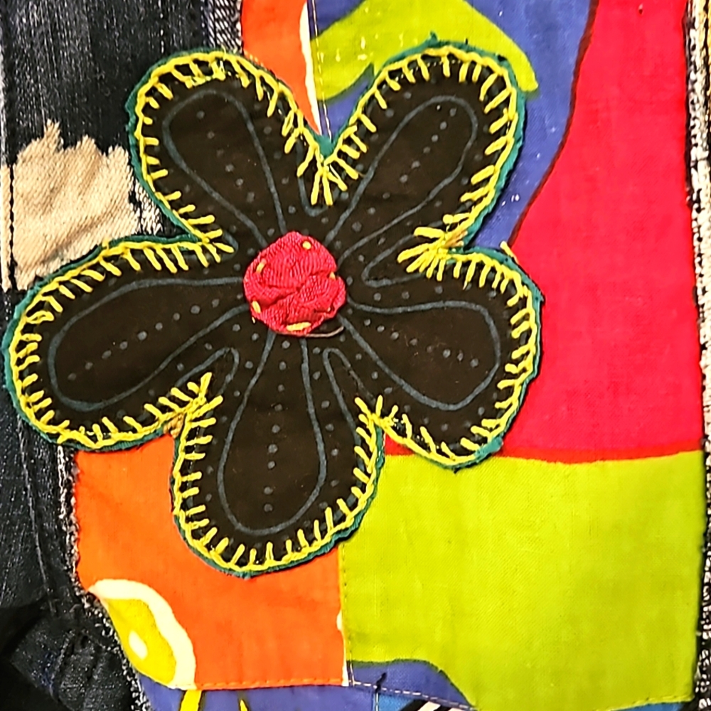 HANDMADE~EMBELLISHED "One Kind Denim" Bleached, Patched, Embroidered HIPPIE Jean - Picture 6 of 12